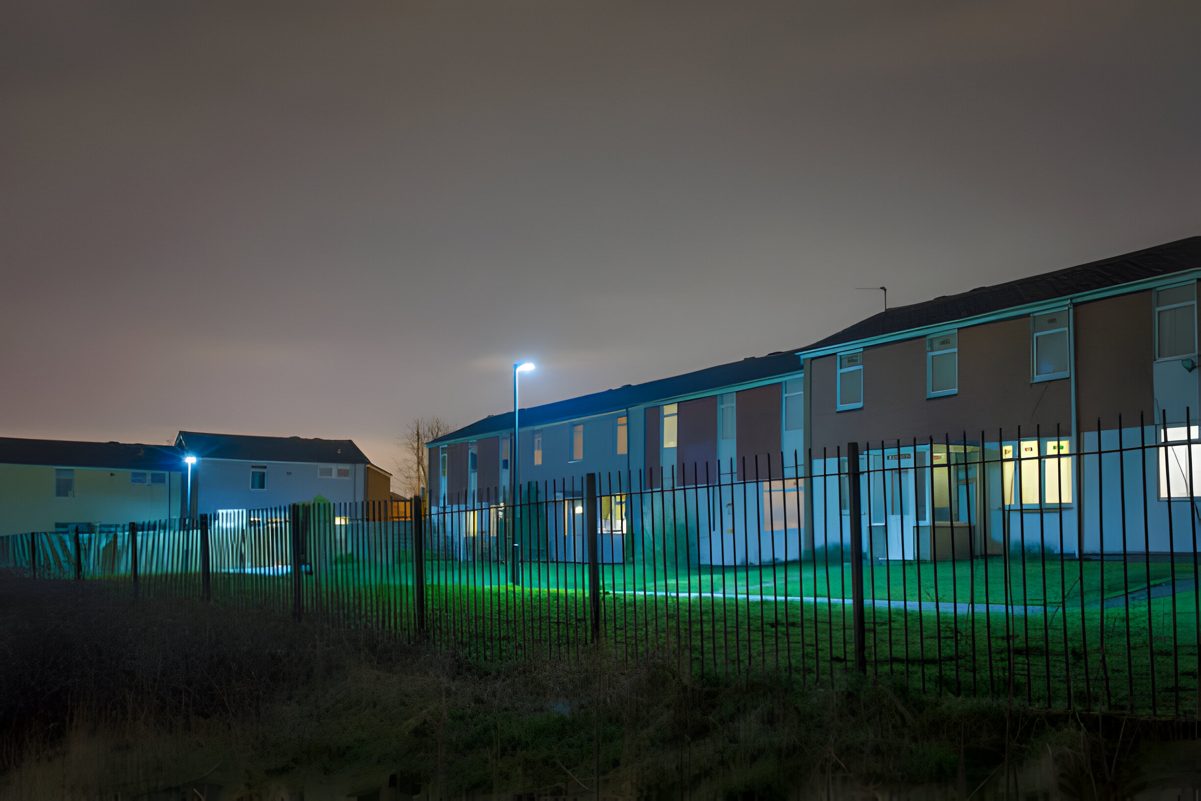 Nighttime urban scene illuminated by modern LED streetlights