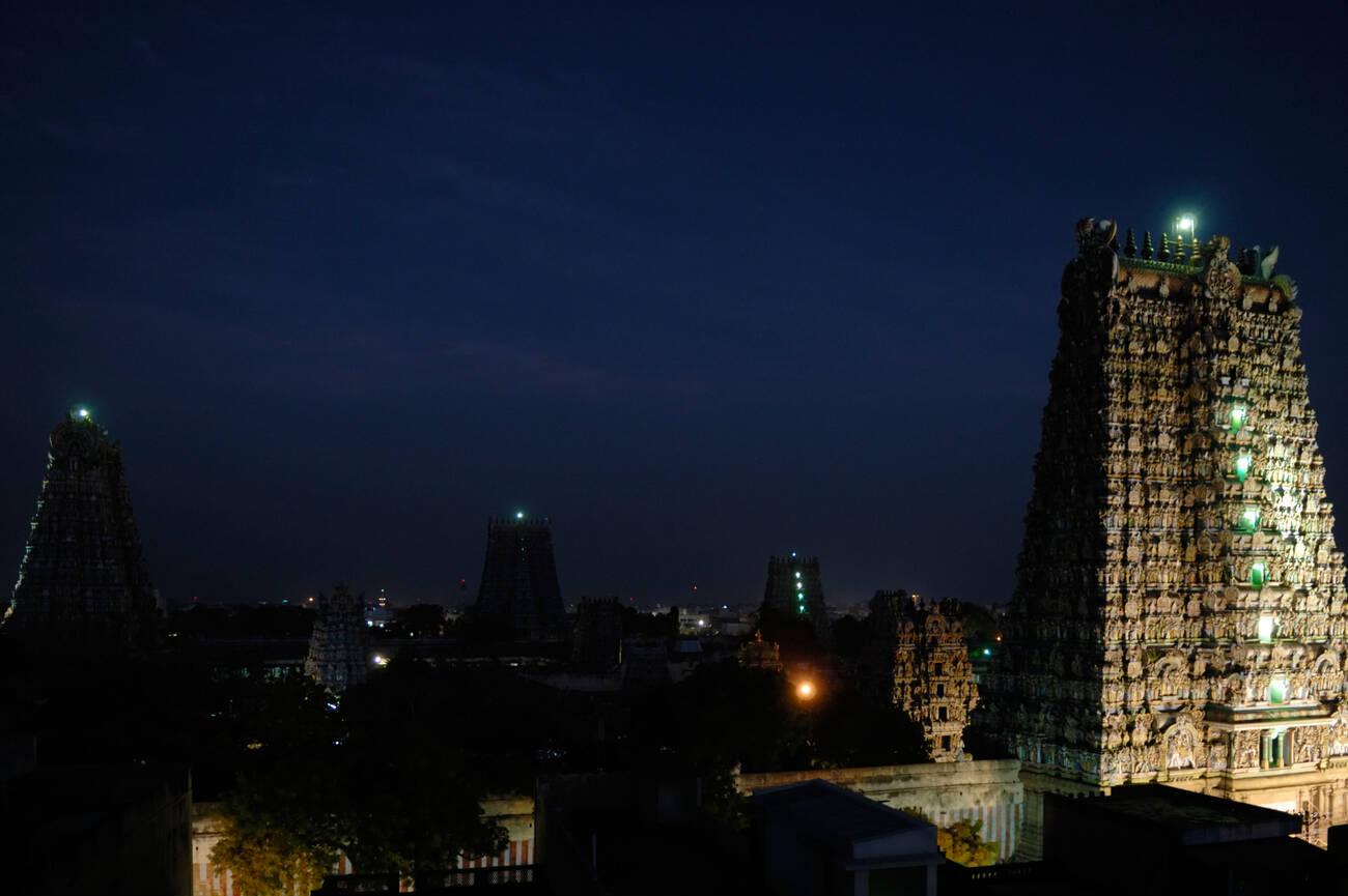 LED lights illuminate a temple in Tamil Nadu at night