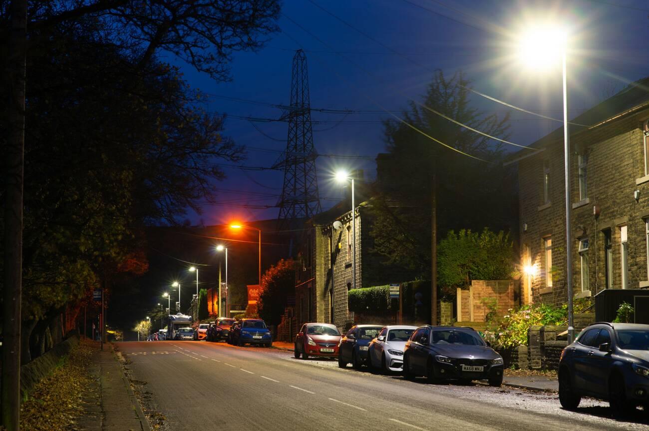 Urban neighborhood with bright LED lighting