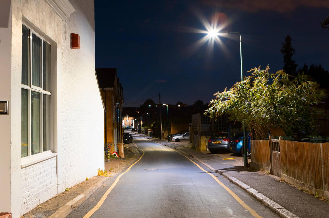 City street lit by LED lights at night